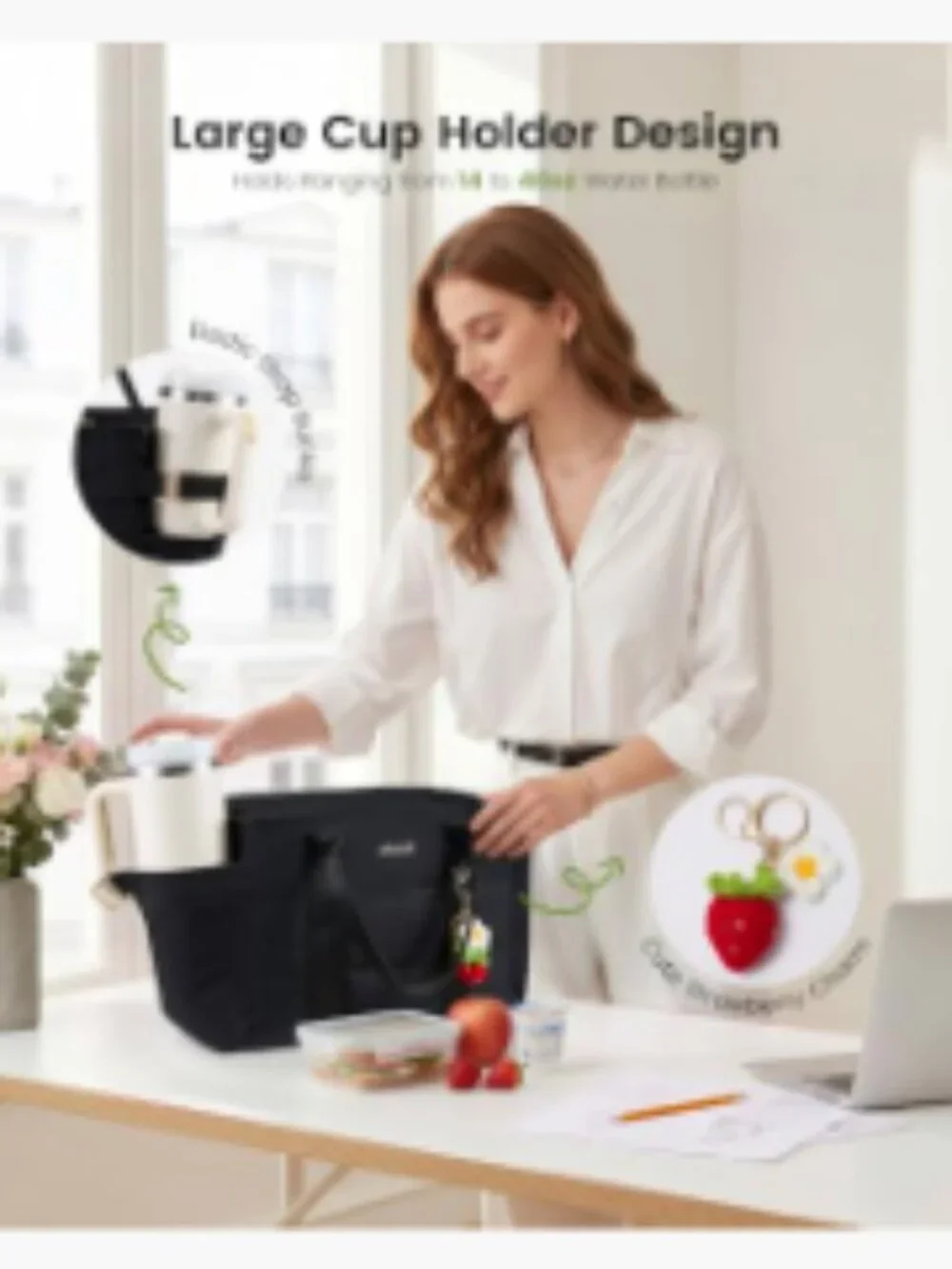 Insulated Lunch Bag for Women Wide Opening Leakproof Cooler Tote with Cup Holder